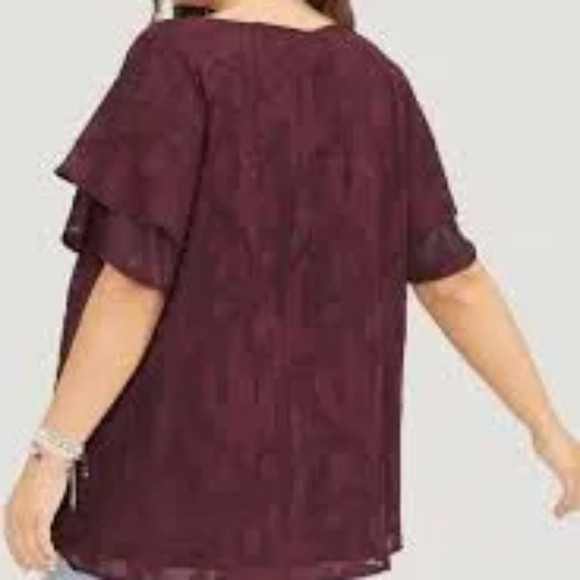 NEW Burgundy Floral Print Ruffle Tiered Flutter Sleeve Mesh Blouse 2x - Picture 3 of 6